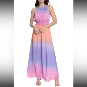 Donna Morgan Ombre Pink Purple Orange Sunset Maxi Dress
